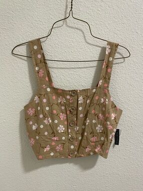 Floral Polka Dot Button-Front Linen Crop Top - Beige/Pink